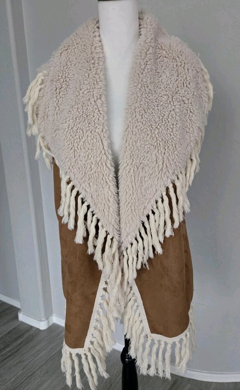 Scully Western Boho Tan Faux Suede Sherpa Lined Fringed Womens Vest Sz L